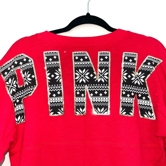 PINK Victoria’s Secret Red Gold Sequin Oversized Campus Sweatshirt Xsmall Women - Picture 8 of 12